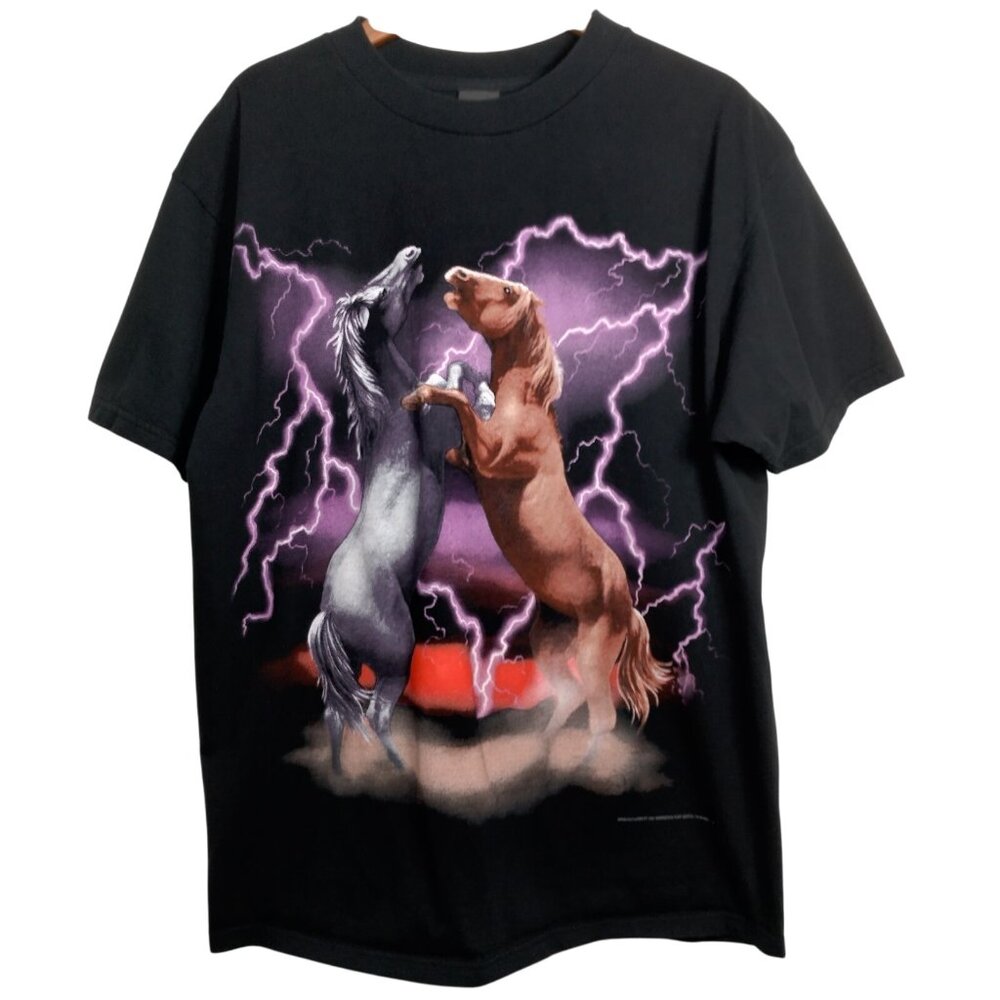 3D Emblem Shirt Men XL Horses Fighting Lightning Graphic USA Made